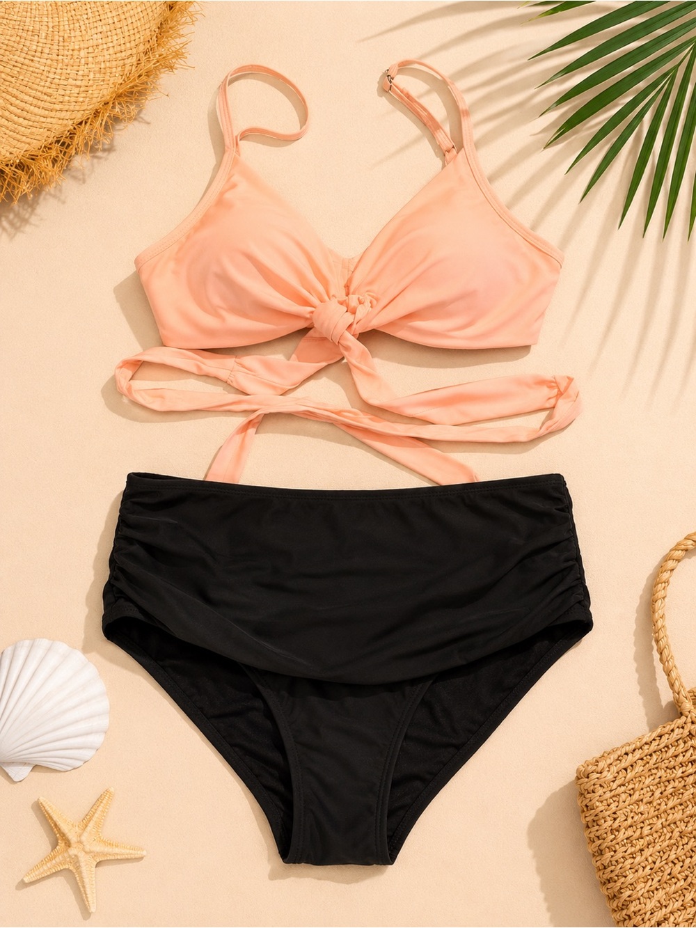 NWOT Blooming Jelly Peach Tie-Front Bikini Top with Black High-Waist Bottoms